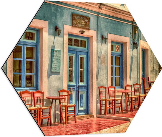 WallClassics - Dibond Hexagon - Greek Café - 60x52,2 cm Photo sur Hexagone (Avec Système d'accrochage)