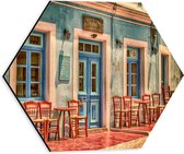 WallClassics - Dibond Hexagon - Grieks Café - 30x26.1 cm Foto op Hexagon (Met Ophangsysteem)