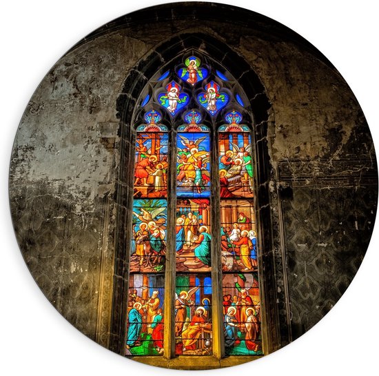WallClassics - Dibond Muurcirkel - Glas-in-lood Raam in de Notre-Dame Kerk - 90x90 cm Foto op Aluminium Muurcirkel (met ophangsysteem)
