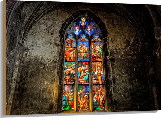 WallClassics - Hout - Glas-in-lood Raam in de Notre-Dame Kerk - 100x75 cm - 9 mm dik - Foto op Hout (Met Ophangsysteem)