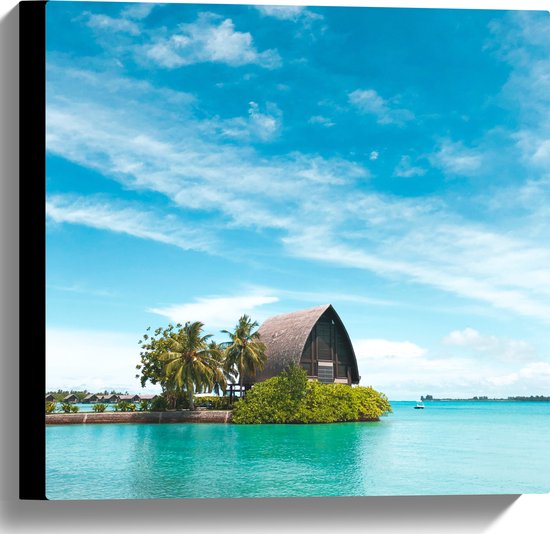WallClassics - Canvas - Hotel op het Water - Malediven - 40x40 cm Foto op Canvas Schilderij (Wanddecoratie op Canvas)