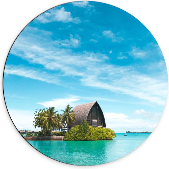 WallClassics - Dibond Muurcirkel - Hotel op het Water - Malediven - 70x70 cm Foto op Aluminium Muurcirkel (met ophangsysteem)