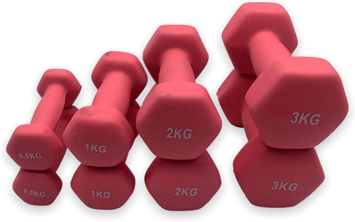 dumbells - Neopreen set 0,5 - 1 - 2 en 3 kg - dumbellset - halterset - roze - fitness gewicht - dumbells 2 kg - halters 2 kg - gewichtjes 1 kg