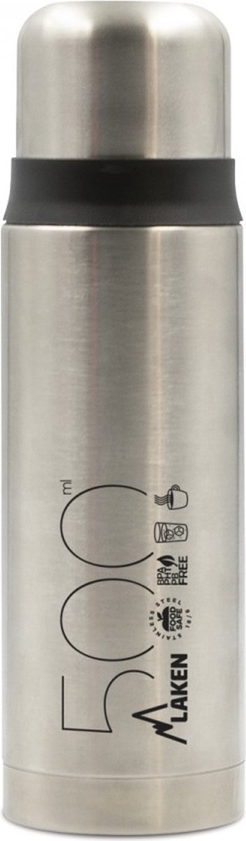 Laken thermosfles roestvrijstaal Silver 0.5L met drinkmok, dubbelwandige rvs drinkfles