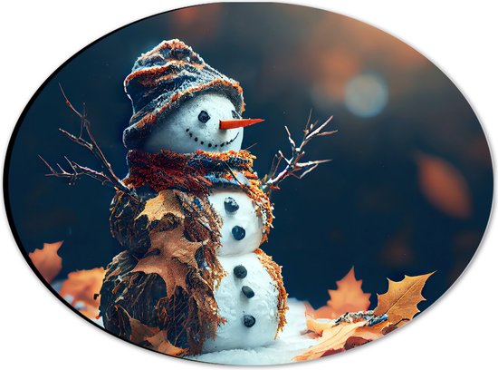 Dibond Ovaal - Sneeuwpop met Takken Armen tussen de Herfstbladeren - 28x21 cm Foto op Ovaal (Met Ophangsysteem)