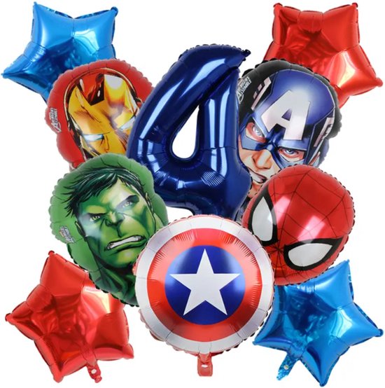 Superhelden Feestpakket - Kinderfeestje met Superhelden Hulk Spiderman IronMan Marvel Superheroes - Kinderverjaardag - Feestversiering - Verjaardag Ballonnen - Kinderfeest Jongen - Verjaardag Versiering - Superheld Ballon - Leeftijdballon 4 jaar