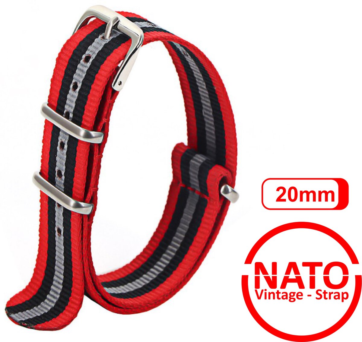 20mm Premium Nato Strap Rood Grijs Zwart - Vintage James Bond - Nato Strap collectie - Mannen Vrouwen - Horlogeband - 20 mm bandbreedte voor oa. Seiko Rolex Omega Casio en Citizen