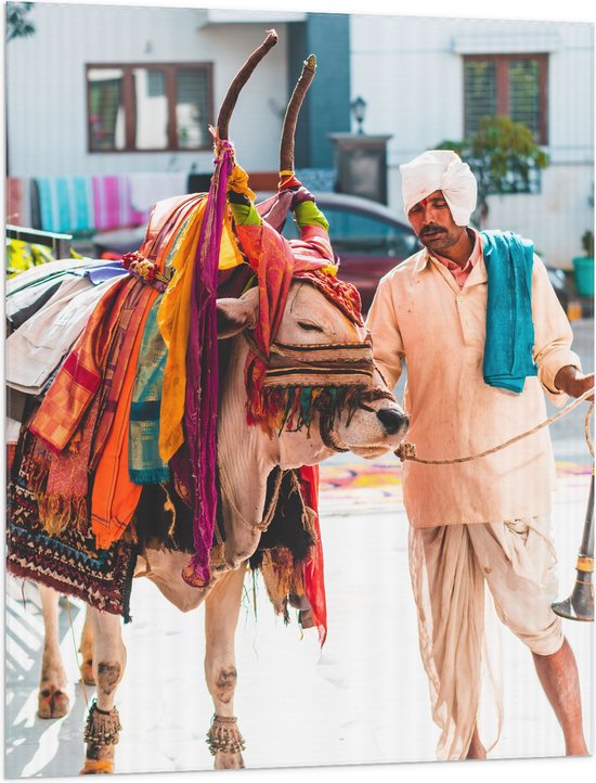 WallClassics - Drapeau - Vache avec Cornes Décoré par Tissus avec Propriétaire - 75x100 cm Photo sur Drapeau Polyester