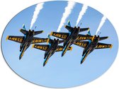WallClassics - Dibond Ovaal - Zwart Gele Vliegtuigen op een Rij - 96x72 cm Foto op Ovaal (Met Ophangsysteem)