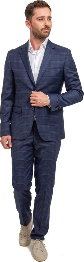 Suitable - Kostuum Toulon Wol Navy Check Royal Blauw - Heren - Maat 50 - Slim-fit