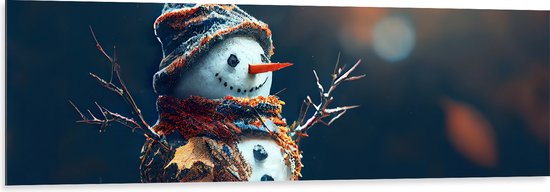 Dibond - Sneeuwpop met Takken Armen tussen de Herfstbladeren - 150x50 cm Foto op Aluminium (Wanddecoratie van metaal)