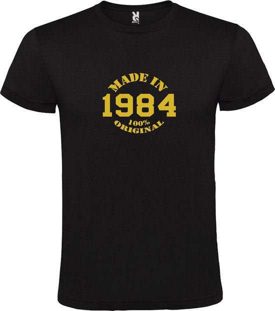 Zwart T-Shirt met “Made in 1984 / 100% Original “ Afbeelding Goud Size S