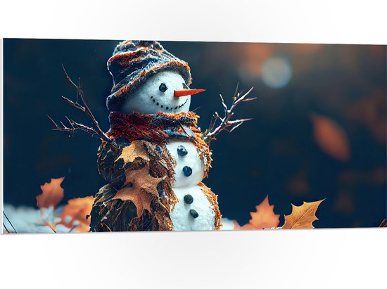 PVC Schuimplaat - Sneeuwpop met Takken Armen tussen de Herfstbladeren - 100x50 cm Foto op PVC Schuimplaat (Met Ophangsysteem)
