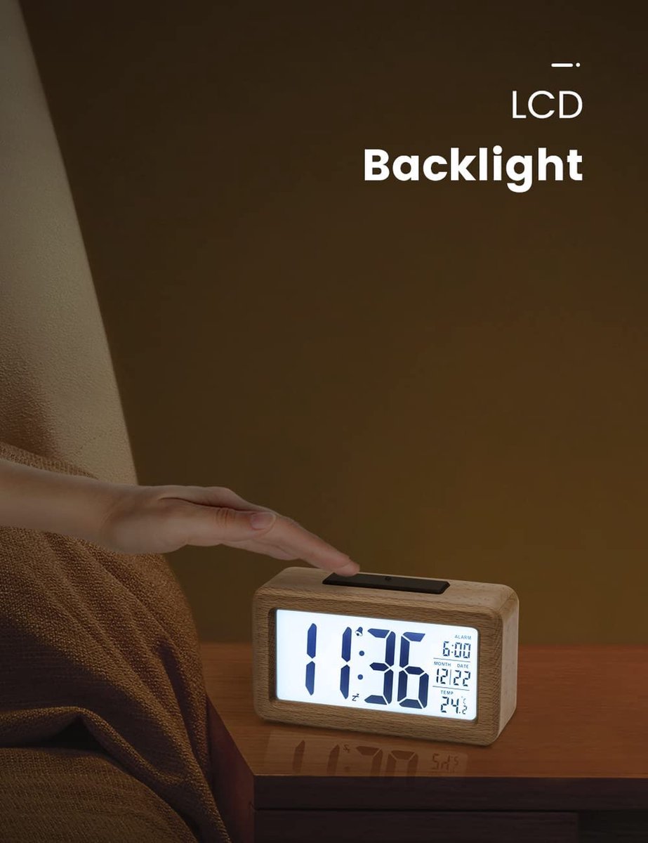 digitale wekker, houten nachtkastklok met groot LCD-scherm met achtergrondverlichting, temperatuur, sluimerfunctie, helderheidssensor, werkt op 3 AAA-batterijenBatterij NIET inbegrepen