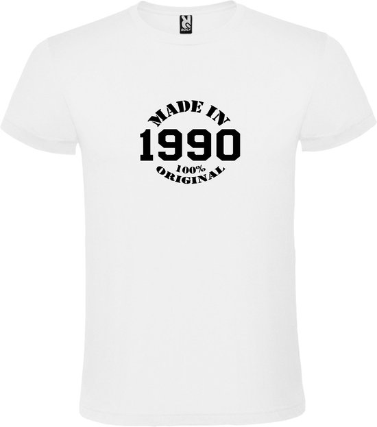 Wit T-Shirt met “Made in 1990 / 100% Original “ Afbeelding Zwart Size XS