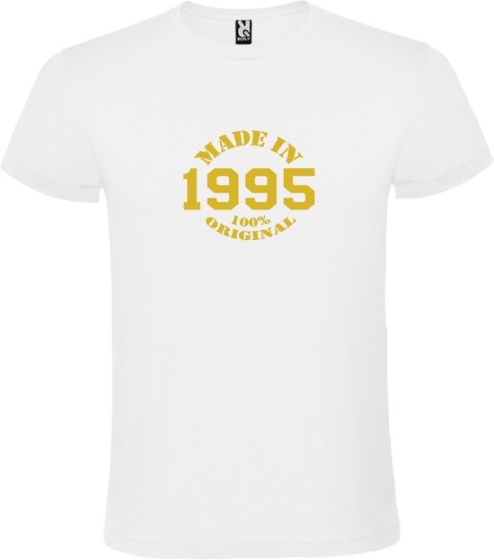 Wit T-Shirt met “Made in 1995 / 100% Original “ Afbeelding Goud Size XS