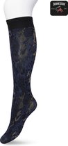 Bonnie Doon Dames Panty Kniekous met Bloemen maat 36/42 Donker Blauw - Luxe Kniekous met Lurex Glansdraden - Glitters - Botanische Knie Sokken - Pantykousen - Botanical Lurex Knee High - Gladde Naden - Zeer Comfortabel - Black Iris - BP211508.1
