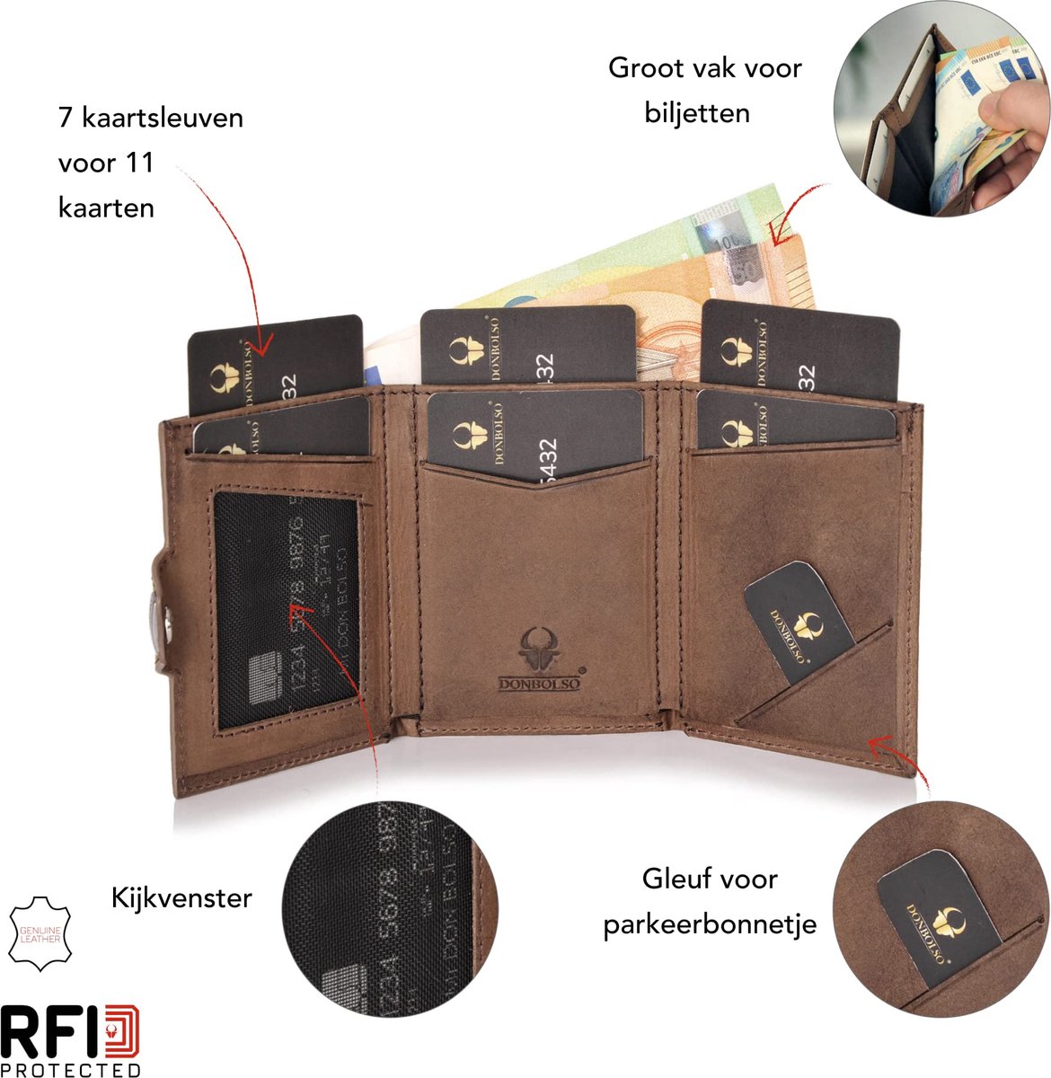 DONBOLSO® Portefeuille Wien I Grand Portefeuille pour Homme I Portemonnaie  en Cuir avec Protection RFID I Noir-Brun