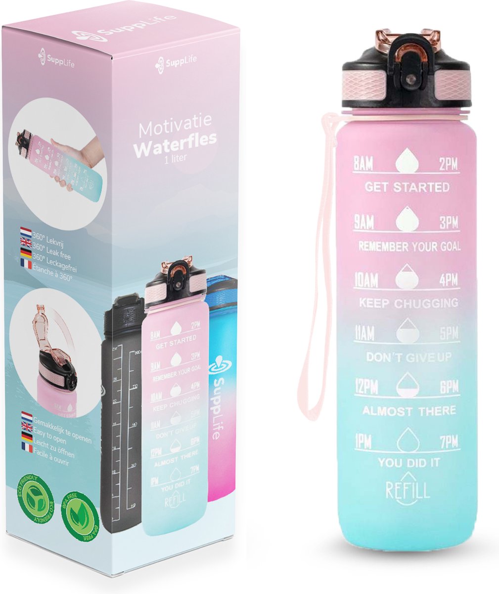 Supplife Motivatie Waterfles - 1 Liter Drinkfles - Waterfles met Tijdmarkering - Met Rietje - Volwassenen - Kinderen - Pink Aqua - Inclusief Schoonmaakborstel