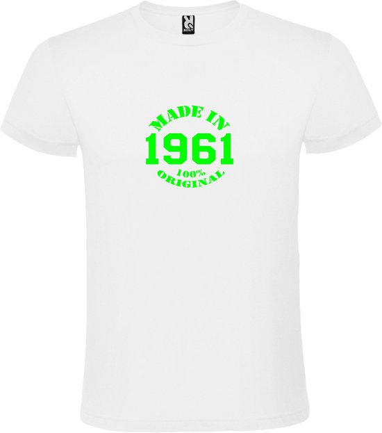 Wit T-Shirt met “Made in 1961 / 100% Original “ Afbeelding Neon Groen Size XXXXXL