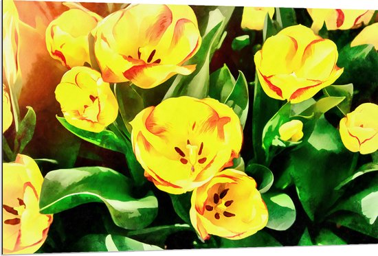 Dibond - Schilderij van Gele Violet Bloemen in het Veld - 120x80 cm Foto op Aluminium (Met Ophangsysteem)