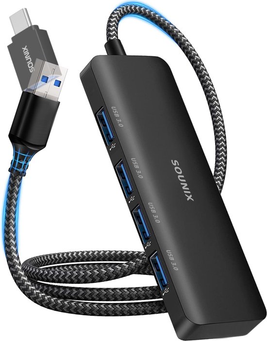 Sounix USB 3.0 Hub - USB Splitter - 4 extra USB 3.0 A Poorten - USB C Hub - Kabel van 60cm - 5 Gbps - Aluminium - Zwart
