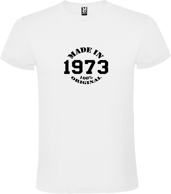 Wit T-Shirt met “Made in 1973 / 100% Original “ Afbeelding Zwart Size XXXXL