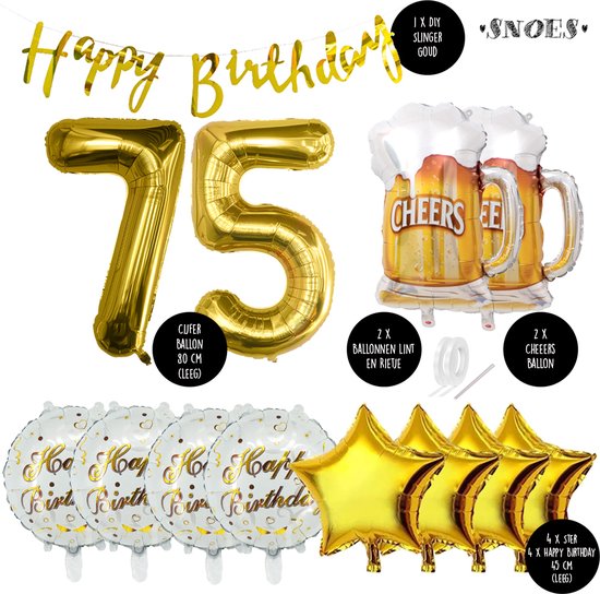 75 Jaar Verjaardag Cijfer ballon Mannen Bier - Feestpakket Snoes Ballonnen Cheers & Beers - Herman