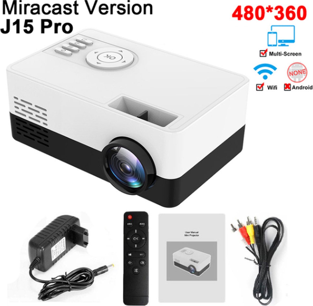 Salange Mini Projector J15 Pro, 480*360 Pixels Ondersteunt 1080P Hdmi Usb Mini Beamer Home Media Speler Kids Gift PK YG300