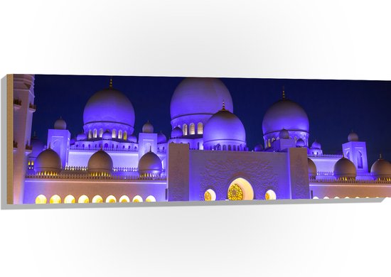 Hout - Sjeik Zayed-moskee in de Nacht in Abu Dhabi - 120x40 cm - 9 mm dik - Foto op Hout (Met Ophangsysteem)