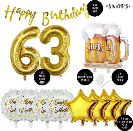 63 Jaar Verjaardag Cijfer ballon Mannen Bier - Feestpakket Snoes Ballonnen Cheers & Beers - Herman