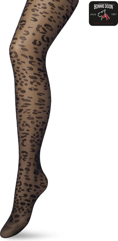 Bonnie Doon Dames Panterprint Panty 20 Denier Zwart maat S/M - Chique Panty - Leopard Dessin - Brede Boord - Comfort - Panter Print - Dieren Print - Panther Tights - Feestelijk - Black - BP201909.101