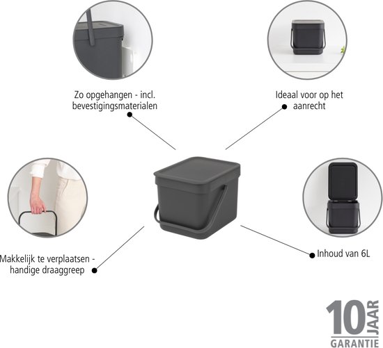 Démonstration de la boîte à compost Brabantia : suspension, sur le plan de travail, déplacement et capacité de 6L.
