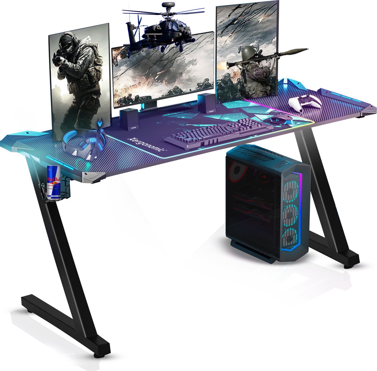 Xergonomic Aurora Gaming Desk – Ergonomisch game bureau met LED verlichting – Gaming tafel met beker- en koptelefoonhouder – Carbon fiber-look - Draaggewicht 250 kg – B125xH75xL62 cm – Zwart