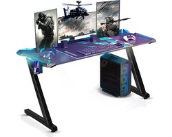 Bureau de Gaming Xergonomic Aurora - Bureau de jeu ergonomique avec éclairage LED - Table de Gaming avec porte-gobelet et porte-casque - Aspect fibre de carbone - Poids de charge 250 kg - L125xH75xL62 cm - Zwart