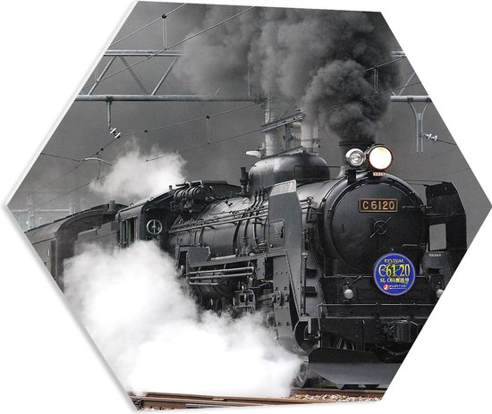 WallClassics - PVC Schuimplaat Hexagon - Zwart Rijdende Stoomtrein - 60x52.2 cm Foto op Hexagon (Met Ophangsysteem)