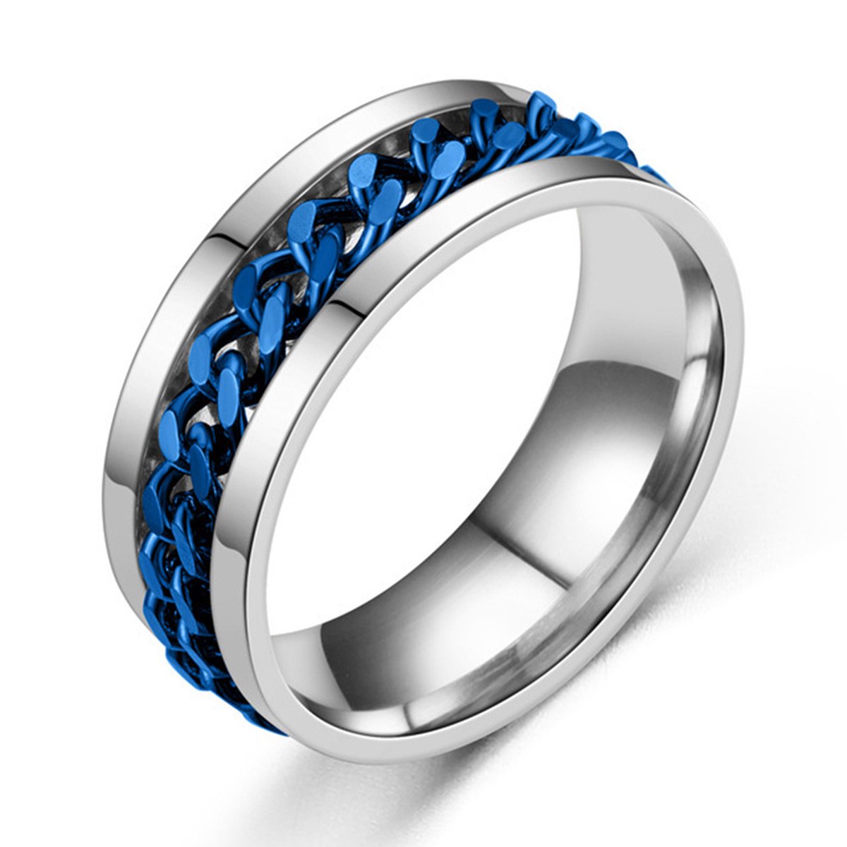 Fidget Ring Zilver - Blauw (Maat 57 - 18 mm - 18.2 mm) - Anxiety Ring - Angst Ring - Stress Ring Heren / Dames - Spinning Ring - Draai Ring - Zilver Roestvrij Staal - Spinner Ring