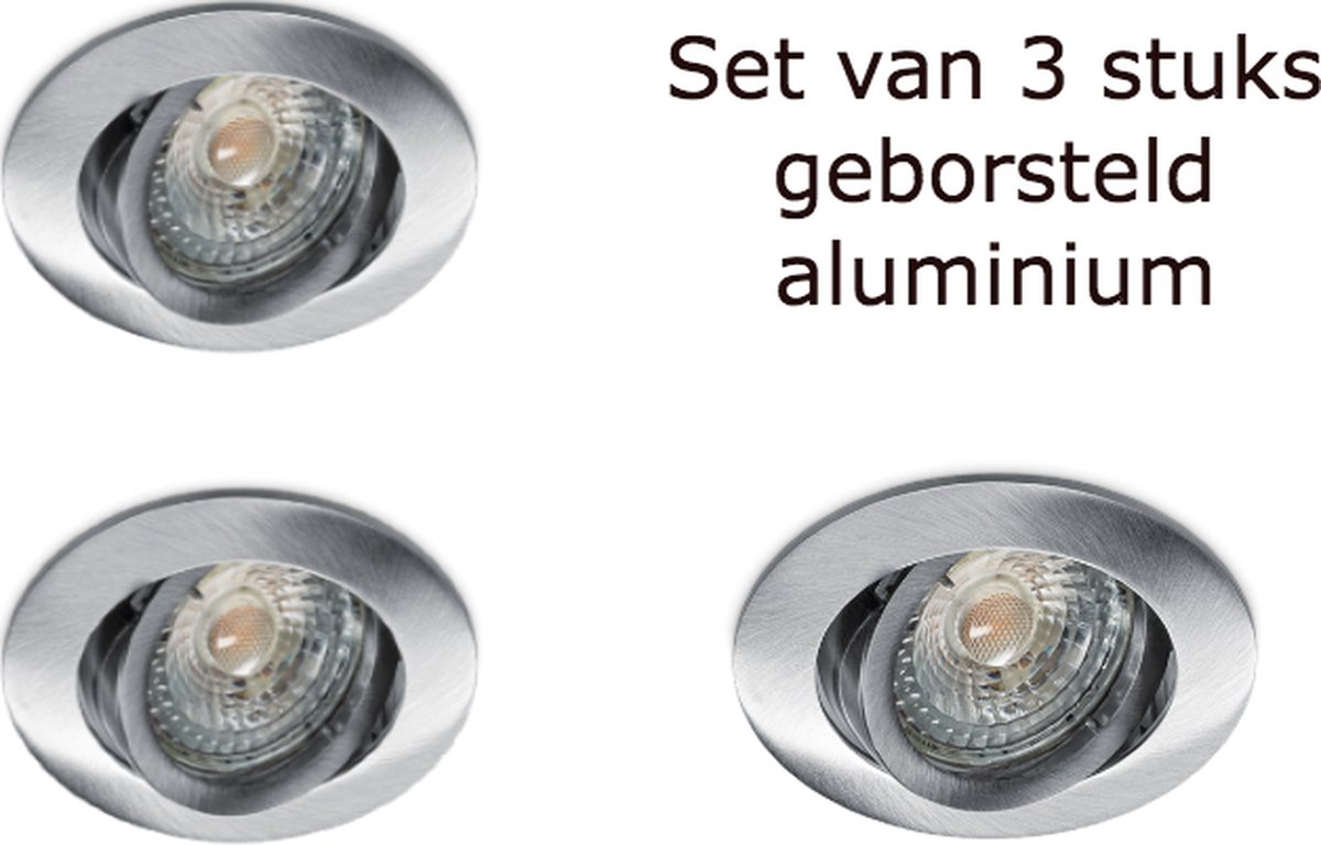 Geborsteld Aluminium Inbouwspot – Verstelbaar 30° – Incl. Dimbare GU10 LED 2700K – 4W (345 lm) - set van 3 stuks.