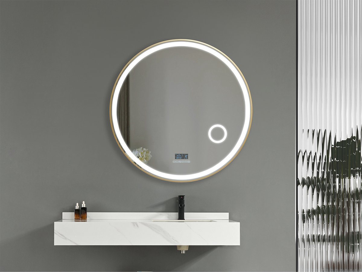 Mawialux LED Badkamerspiegel - 100cm - Rond - Mat goud rand - Make up vergroting spiegel - Verwarming - Digitale klok - Bluetooth - Josh