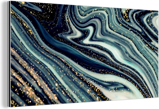 Wanddecoratie Metaal - Aluminium Schilderij Industrieel - Marmer - Goud - Blauw - Glitter - Marmerlook - Abstract - 120x60 cm - Dibond - Foto op aluminium - Industriële muurdecoratie - Voor de woonkamer/slaapkamer