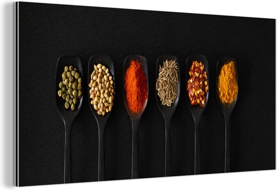 Décoration murale Métal - Peinture Aluminium Industrielle - Cuillères - Épices - Zwart - Herbes - Rustique - 120x60 cm - Dibond - Photo sur aluminium - Décoration murale industrielle - Pour le salon / chambre