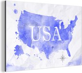Wanddecoratie Metaal - Aluminium Schilderij Industrieel - Verenigde Staten - Blauw - Wereldkaart - 180x120 cm - Dibond - Foto op aluminium - Industriële muurdecoratie - Voor de woonkamer/slaapkamer