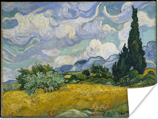 Korenveld met cipressen - Schilderij van Vincent van Gogh Poster 40x30 cm - klein - Foto print op Poster (wanddecoratie woonkamer / slaapkamer)