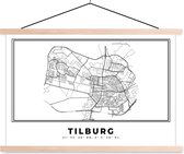 Posterhanger incl. Poster - Schoolplaat - Kaart – Plattegrond – Stadskaart – Tilburg – Nederland – Zwart Wit - 150x100 cm - Blanke latten - Plattegrond