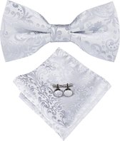 Vlinderdas inclusief pochet en manchetknopen - 100% zijden - Paisley - zilver - vlinderstrik - strik - pochette - heren