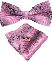 Vlinderdas inclusief pochet en manchetknopen - 100% zijden - Paisley - roze/zwart - vlinderstrik - strik - pochette - heren