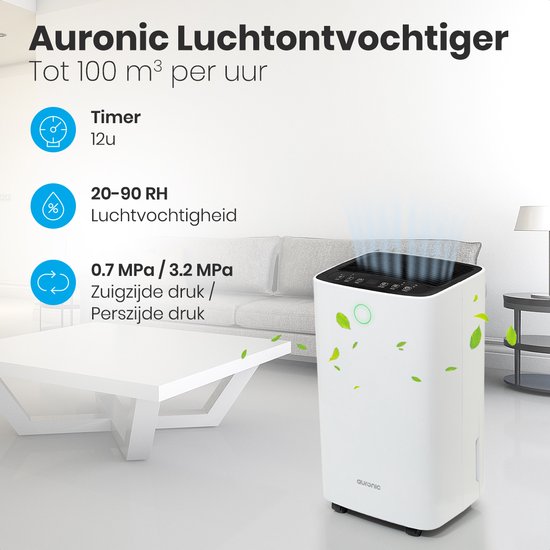 Auronic Luchtontvochtiger - Ontvochtigt 12L per Dag - Was-droog Functie - Geschikt voor Woonkamer, Slaapkamer & Badkamer - Wit
