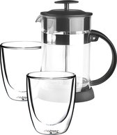 Kookpro - French Press / Cafetieres 800 ML Set met 2 Dubbelwandige Glazen - Borosilicaatglas - Koffie & Thee maker - Zwart