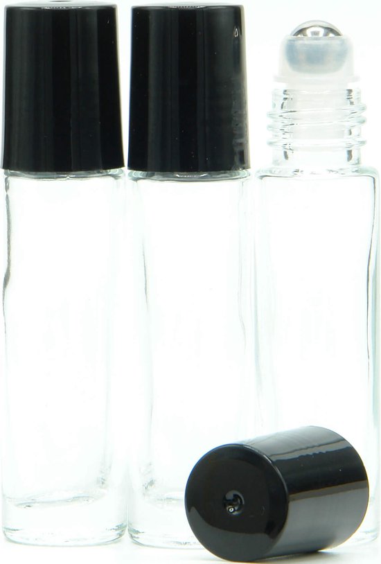 Flacon Roller Glas 10 ml Vide 1 pièce - Roll-on, Flacons Roller en Glas Transparent - Bille en Acier Inoxydable - Bouchon Transparent, Noir - Huile Essentielle - Rollers de Parfum