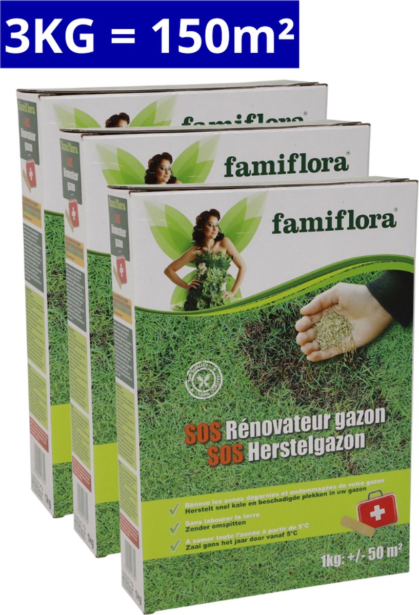 Famiflora herstelgazon SOS 3Kg: +/- 150m² - Voor bijzaaien en herstellen van een bestaand gazon